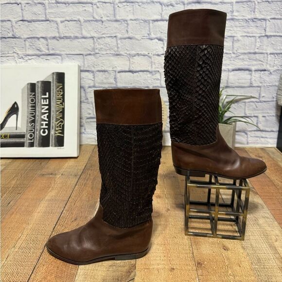 VTG VIA SPIGA ITALY BROWN PINECONE GENUINE LEATHER PULL ON TALL BOOTS Sz 7.5 B - Picture 1 of 15
